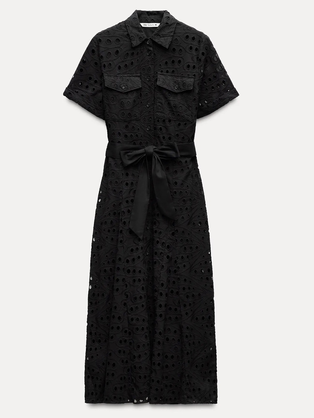 Zara Black Eyelet Maxi Shirt Dress with Waist Tie FIRM PRICE